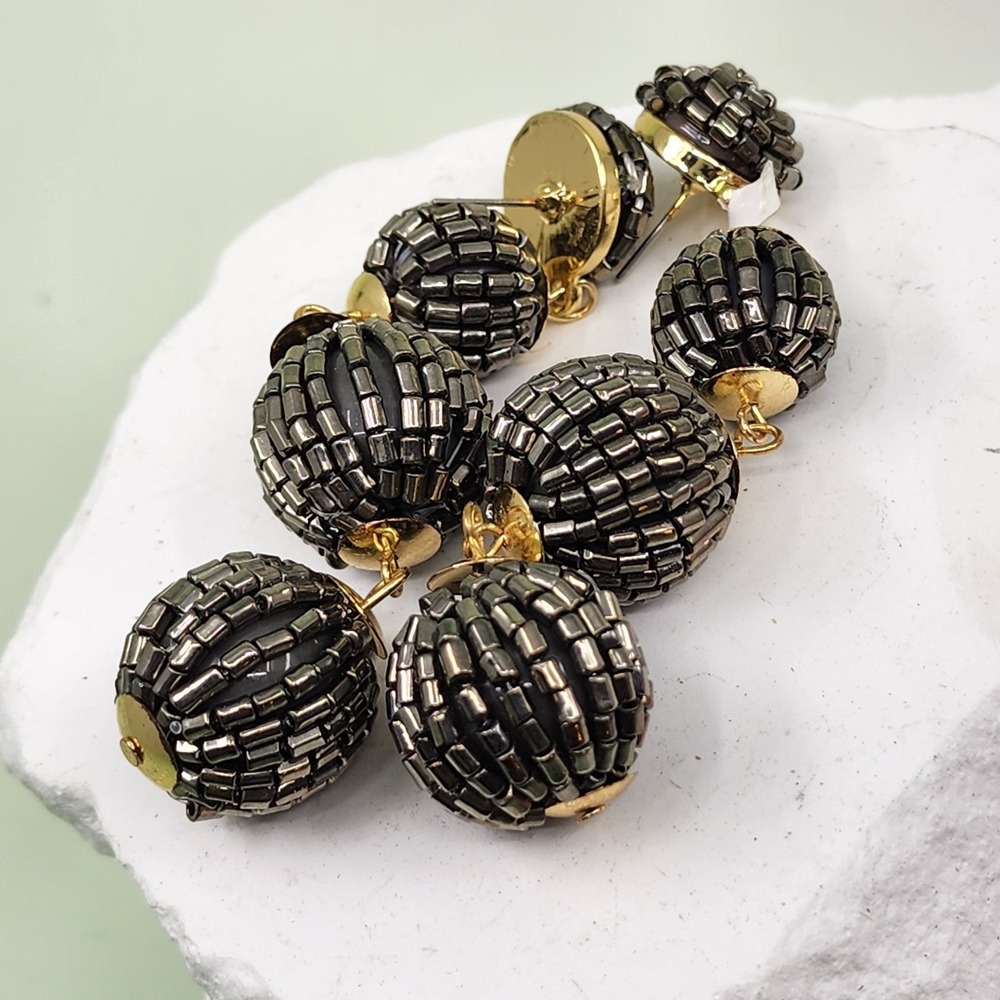 Black Bugle Bead Sphere Drop Earrings Gold Tone Chunky Statement Long Dangle
